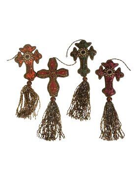 Set Of 4 Beaded Cloth Cross Ornaments With Tassels Embroidered Details